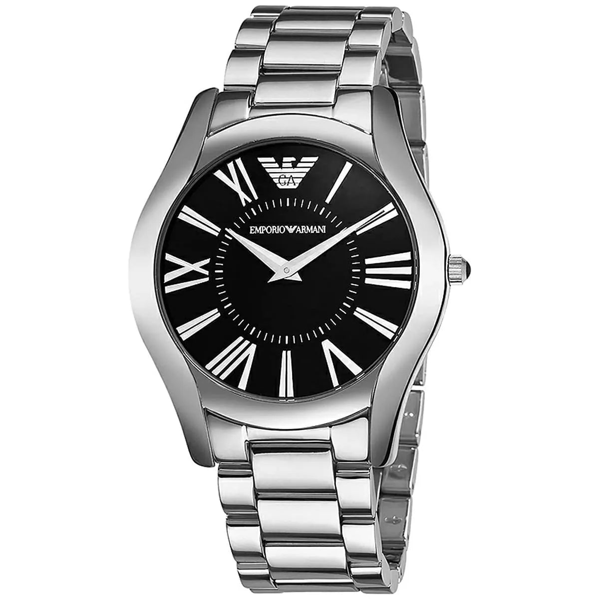 Emporio Armani AR2022 watch three-quarter view showing black dial and silver-tone bracelet