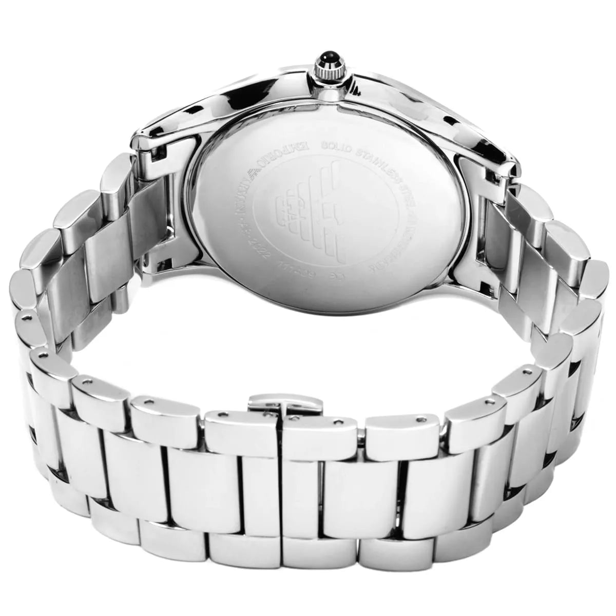 Emporio Armani AR2022 watch caseback showing stainless steel and engraved branding