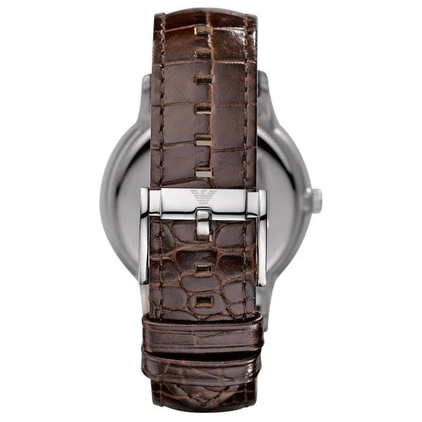 Caseback of AR2427 showing stainless steel with brown leather strap detail