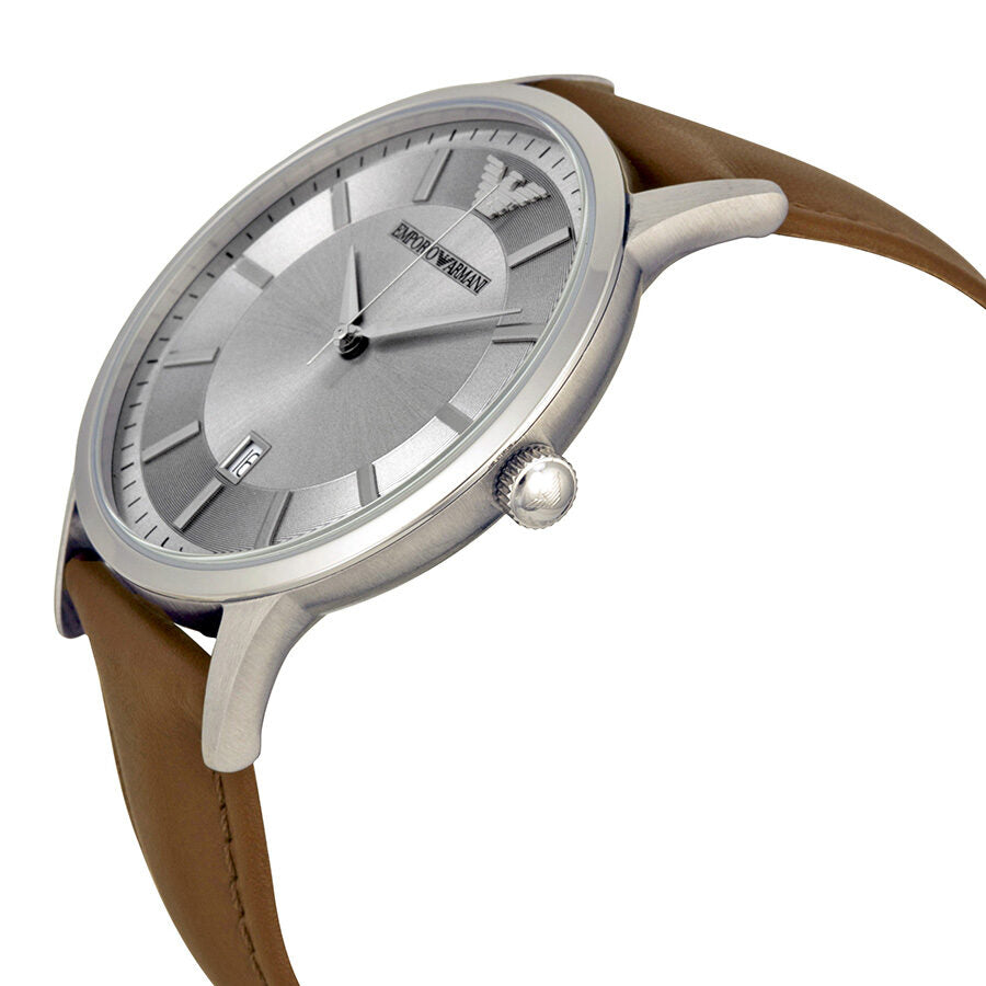Side angle view of Emporio Armani AR2463 showing case profile and brown leather strap
