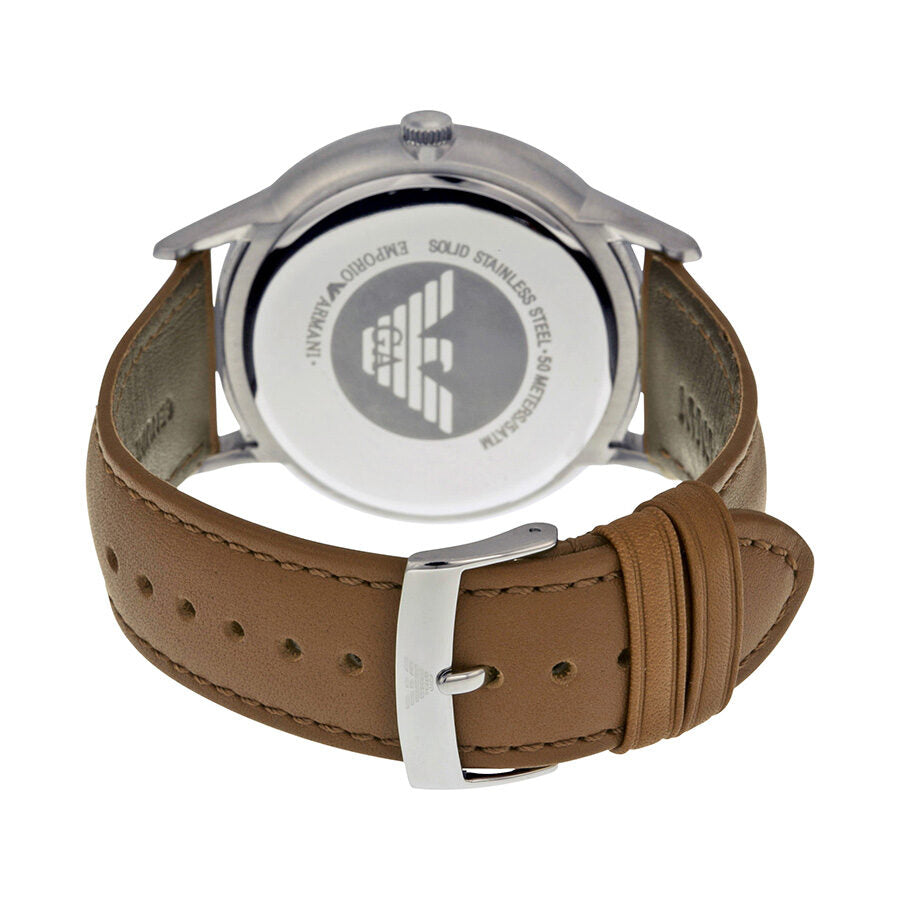 Emporio Armani AR2463 caseback showing stainless steel construction and brown leather strap