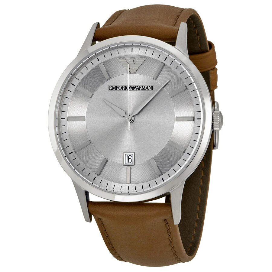 Emporio Armani AR2463 watch with silver dial, stainless steel case, and brown leather strap