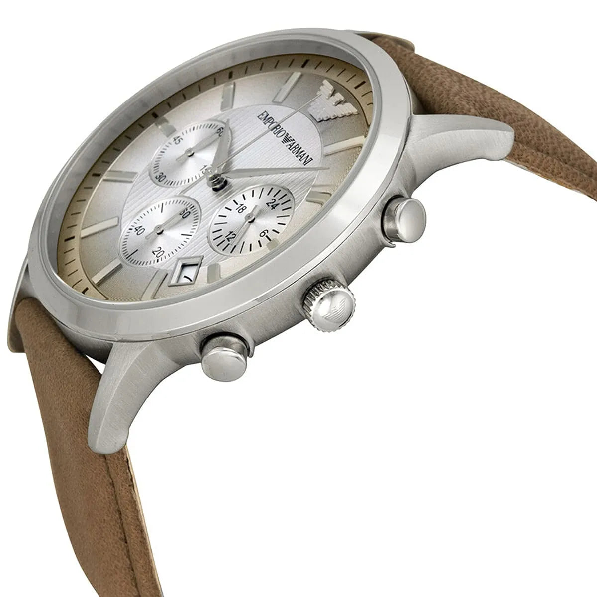 Emporio Armani AR2471 chronograph on wrist showing silver case and brown leather strap