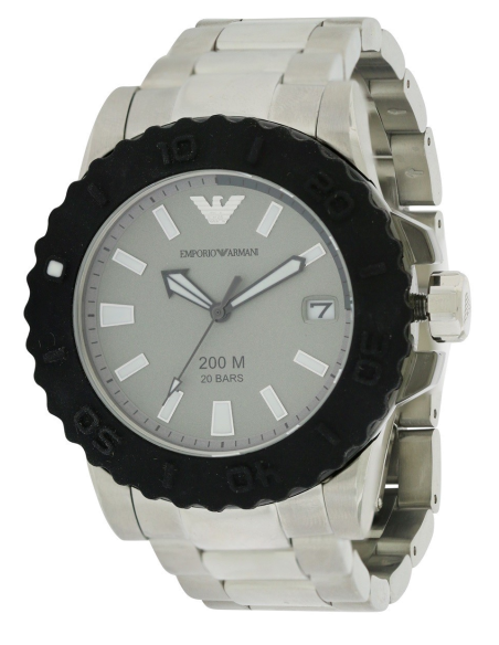 Side angle view of Emporio Armani AR5970 watch with stainless steel link bracelet and black rotating bezel