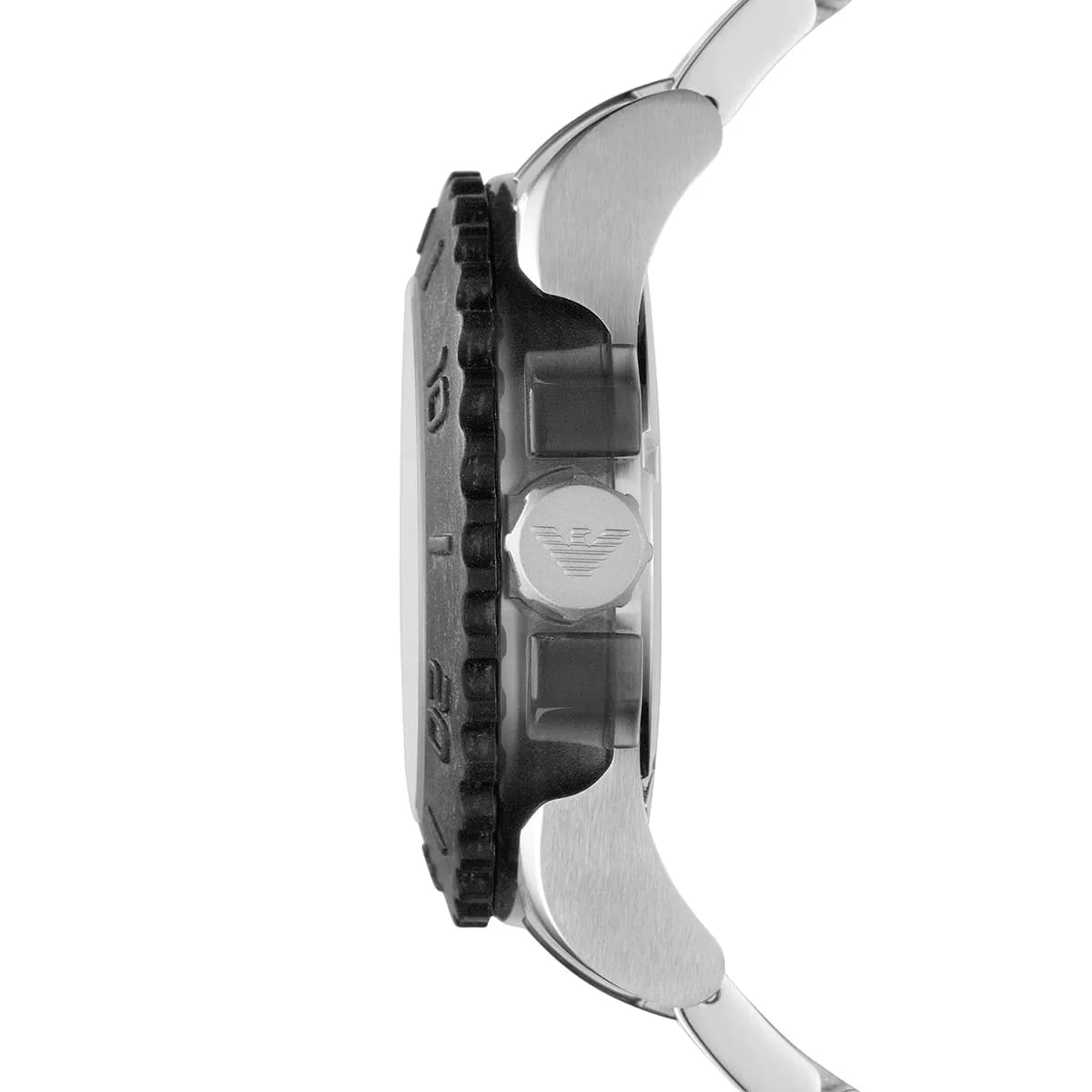 Side profile of Emporio Armani AR5970 watch showing case thickness and stainless steel bracelet