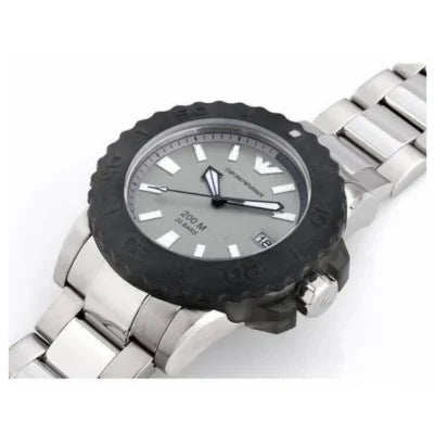 Three-quarter view of Emporio Armani AR5970 chronograph watch with silver bracelet