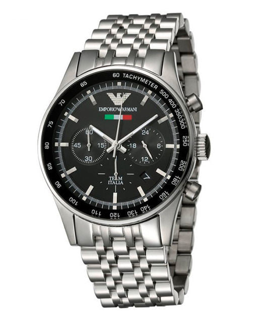 Emporio Armani AR5984 sportivo chronograph watch front view showing tachymeter bezel and black dial