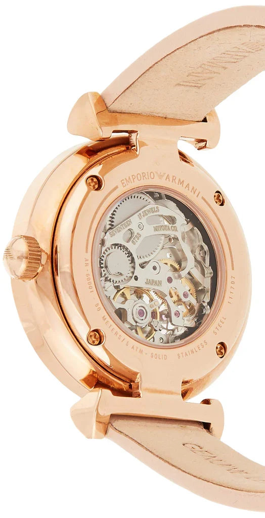 Emporio Armani AR60001 Meccanico caseback showing visible automatic skeleton movement