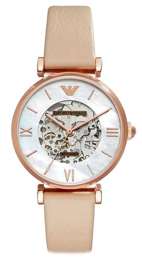 Emporio Armani Meccanico AR60001 women's watch with skeleton dial and beige leather strap