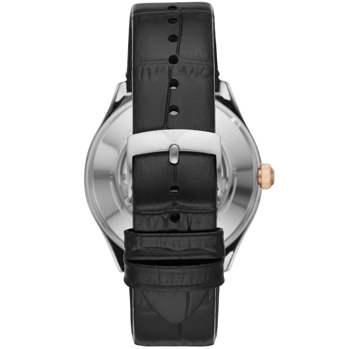 AR60018 watch caseback showing black crocodile-textured leather strap attachment