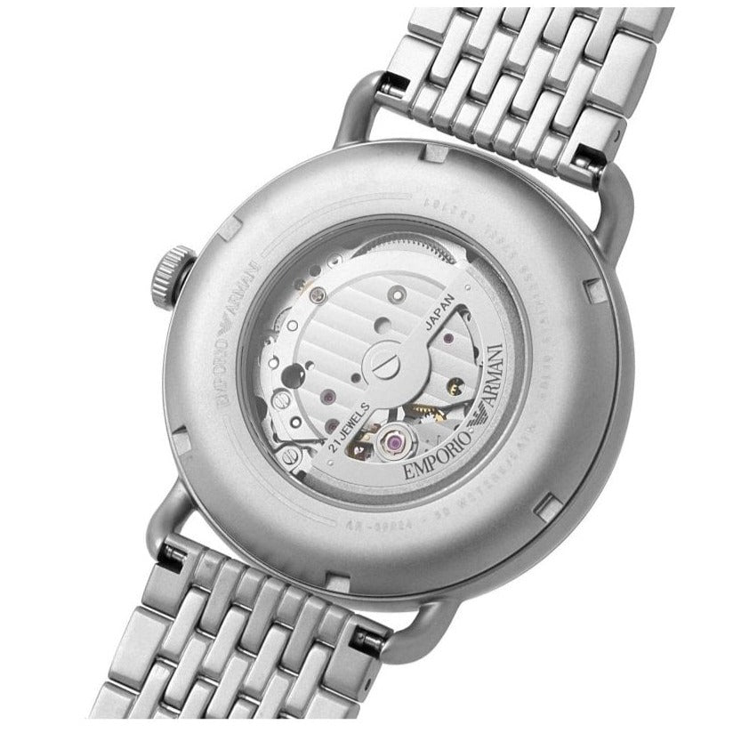 Emporio Armani AR60024 case back showing mechanical movement and Emporio Armani branding