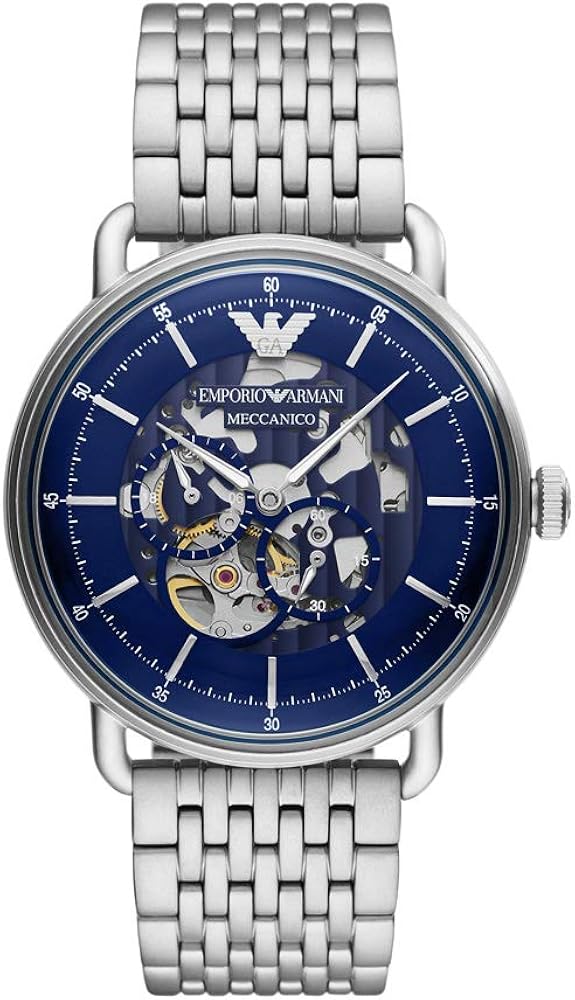 Emporio Armani Aviator Skeleton Blue Dial Silver Mesh Bracelet Men's Watch - AR60024