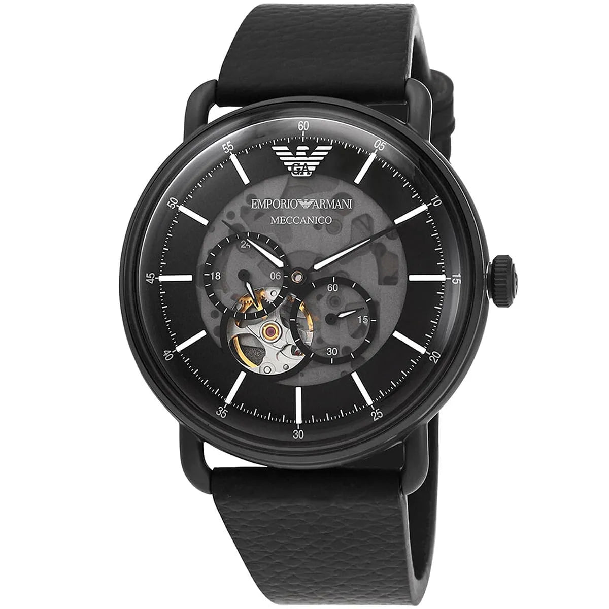 AR60028 Emporio Armani Meccanico men's automatic watch with visible mechanical movement at angle