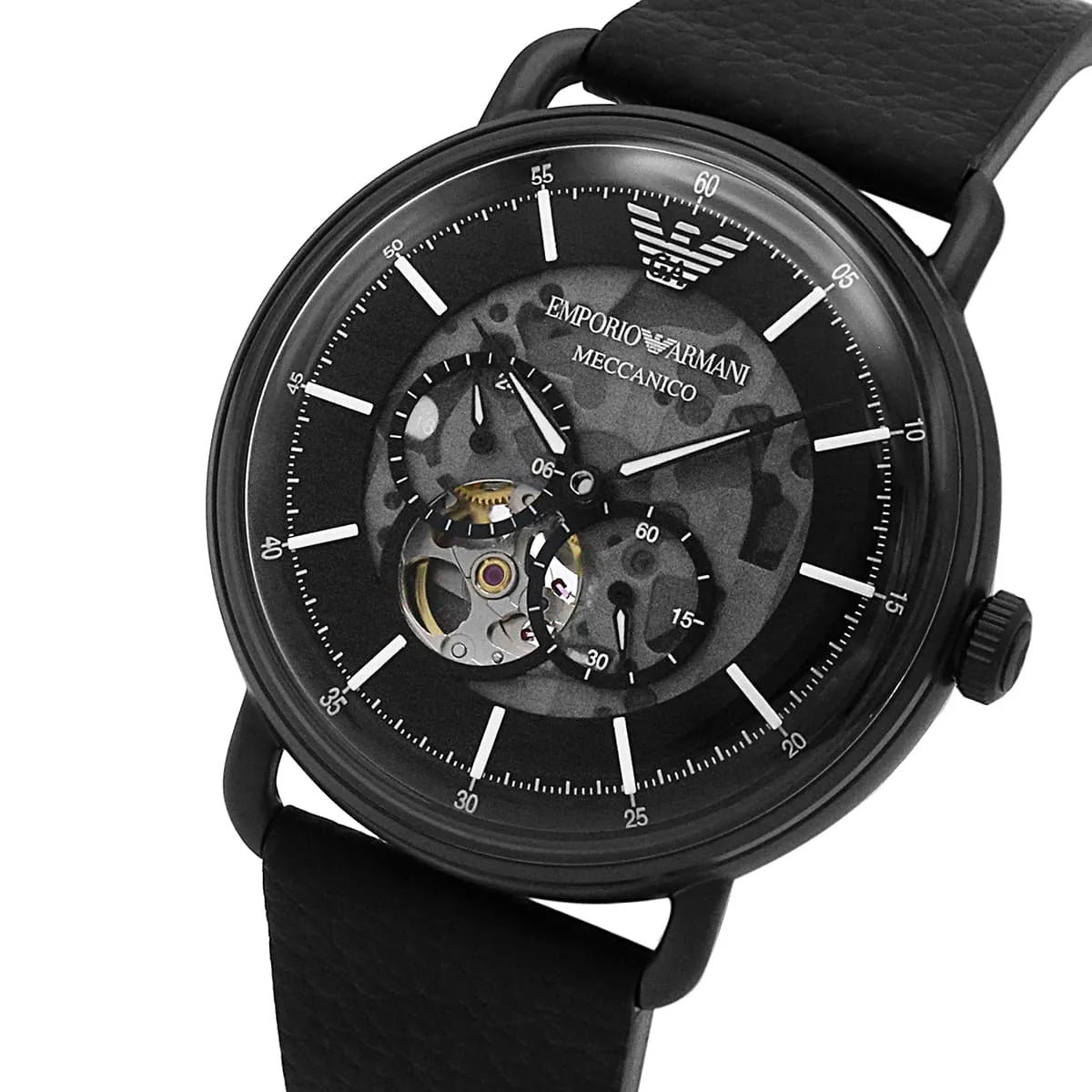 Close-up of Emporio Armani AR60028 black skeleton dial with visible automatic movement