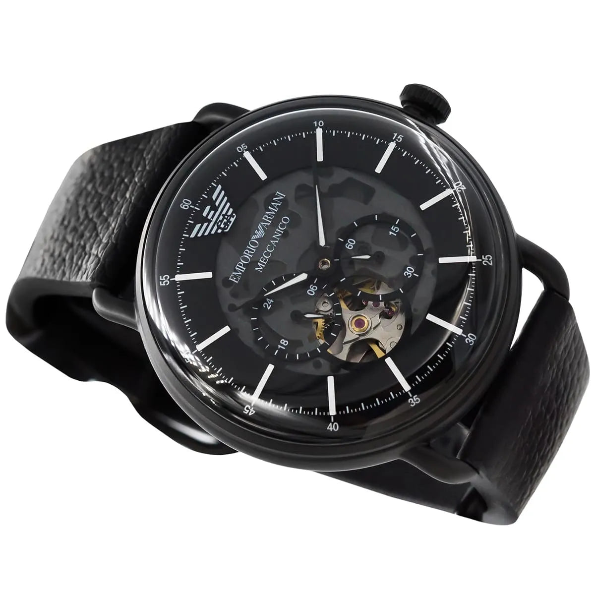 Emporio Armani AR60028 Meccanico skeleton automatic watch with black dial and leather strap