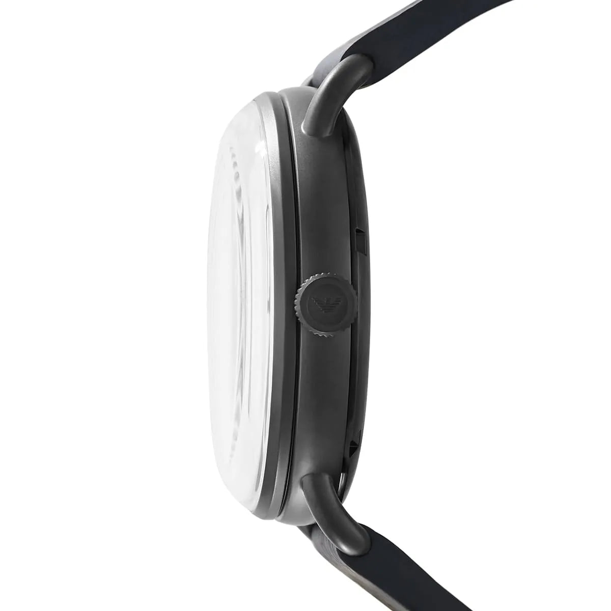 Side profile of Emporio Armani AR60028 automatic watch showing case thickness and strap