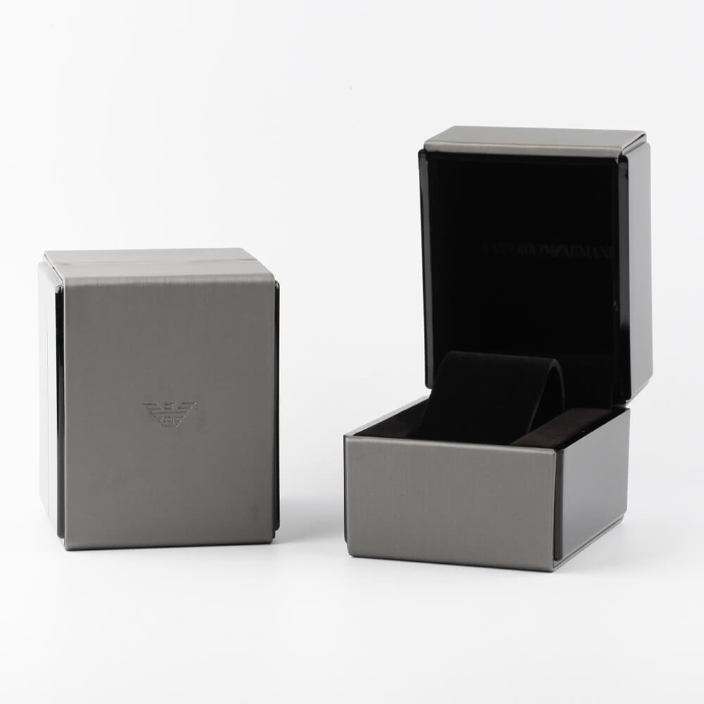 Emporio Armani AR60045 watch packaging with gray outer box and black presentation box
