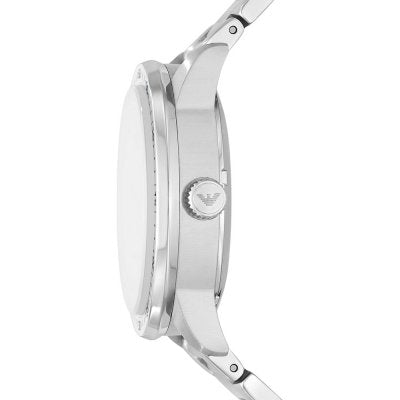 Emporio Armani AR60052 side view of stainless steel case with Emporio Armani logo