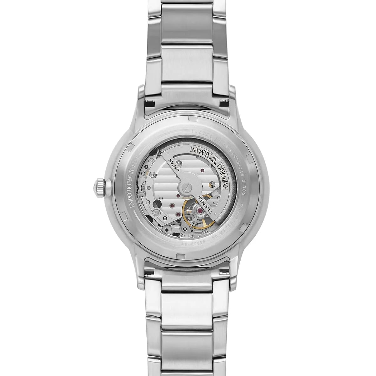 Emporio Armani AR60055 caseback showing automatic skeleton movement mechanism