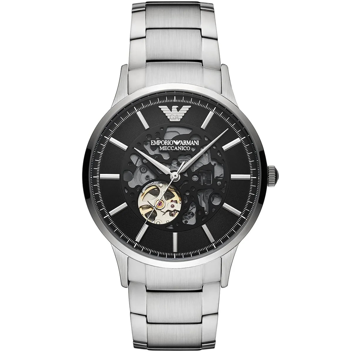 AR60055 Emporio Armani Meccanico skeleton watch front view black dial stainless steel