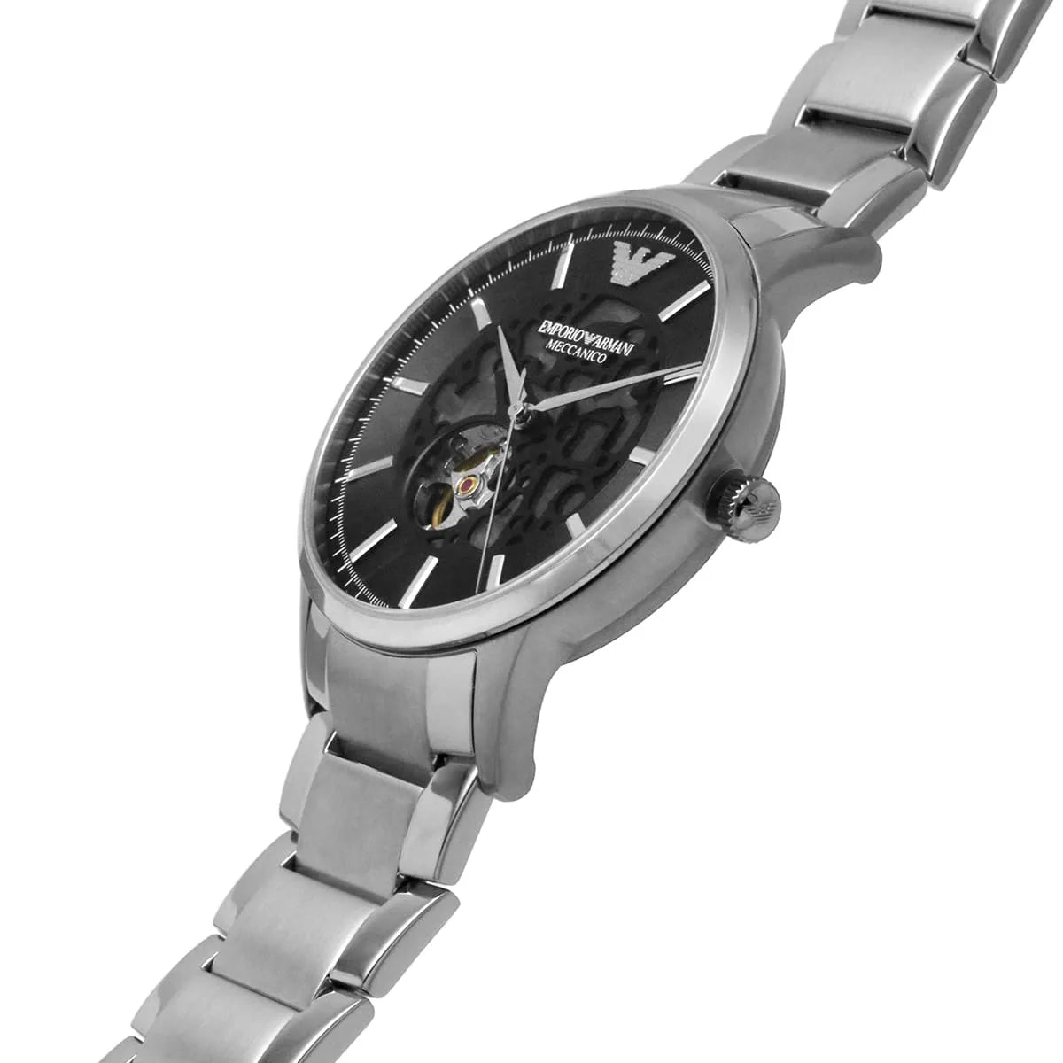 Emporio Armani AR60055 skeleton watch worn on wrist showing black dial