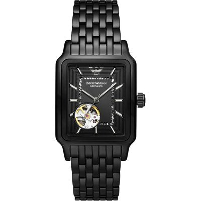 Emporio Armani AR60058 black steel watch with skeleton dial and link bracelet
