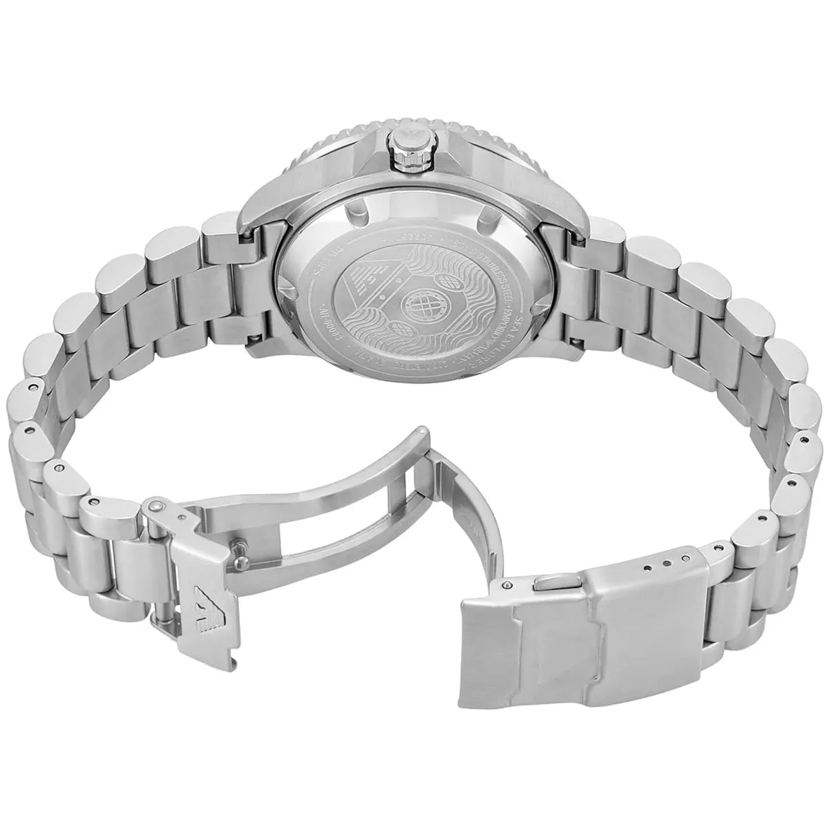 Emporio Armani AR60083 caseback showing stainless steel case back and bracelet