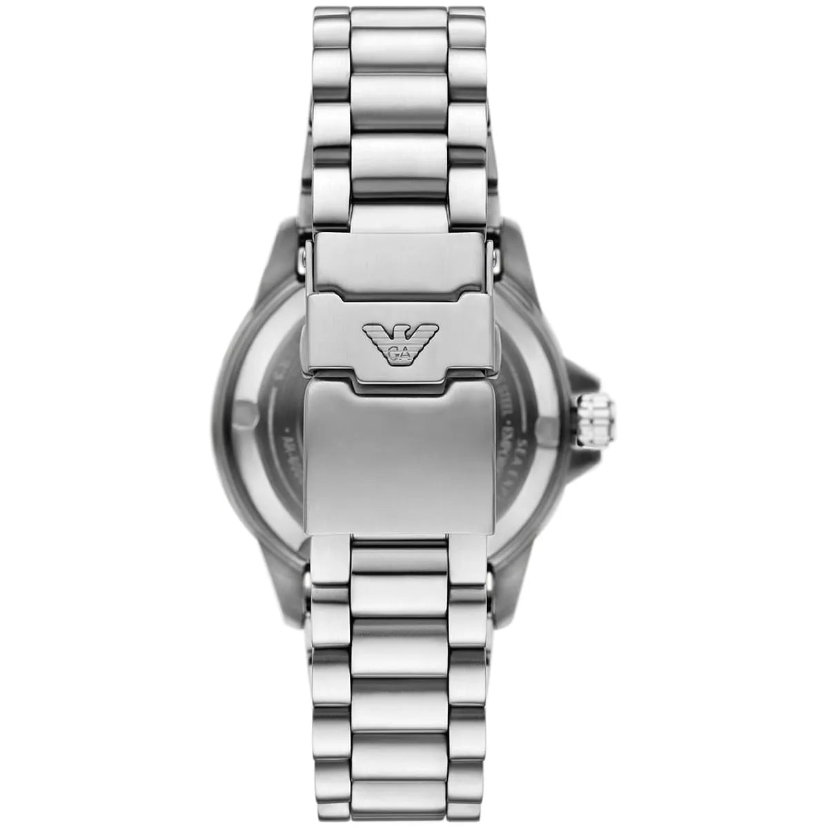 Emporio Armani AR60083 watch caseback detail with Emporio Armani logo and engraving