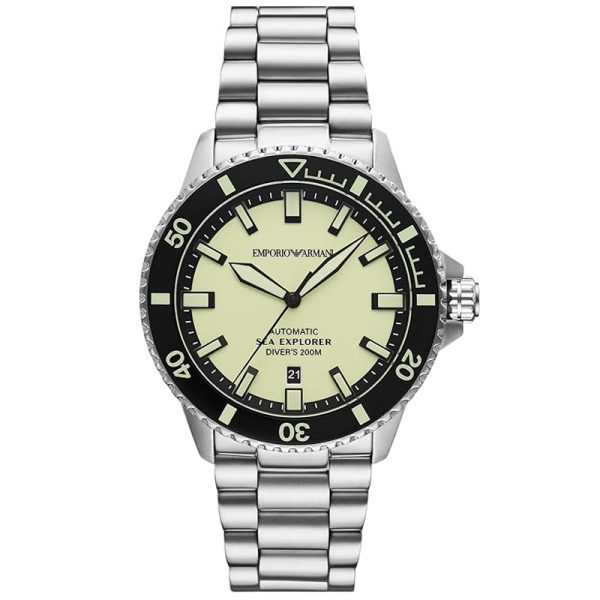 Emporio Armani Sea Explorer automatic diver watch with pale yellow dial and black bezel