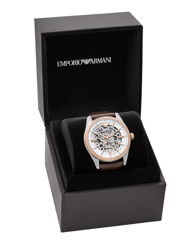 Emporio Armani watch in black presentation box with logo branding