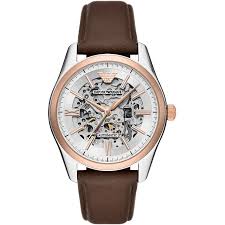 Emporio Armani AR60094 automatic watch with skeleton dial, two-tone case, and brown leather strap