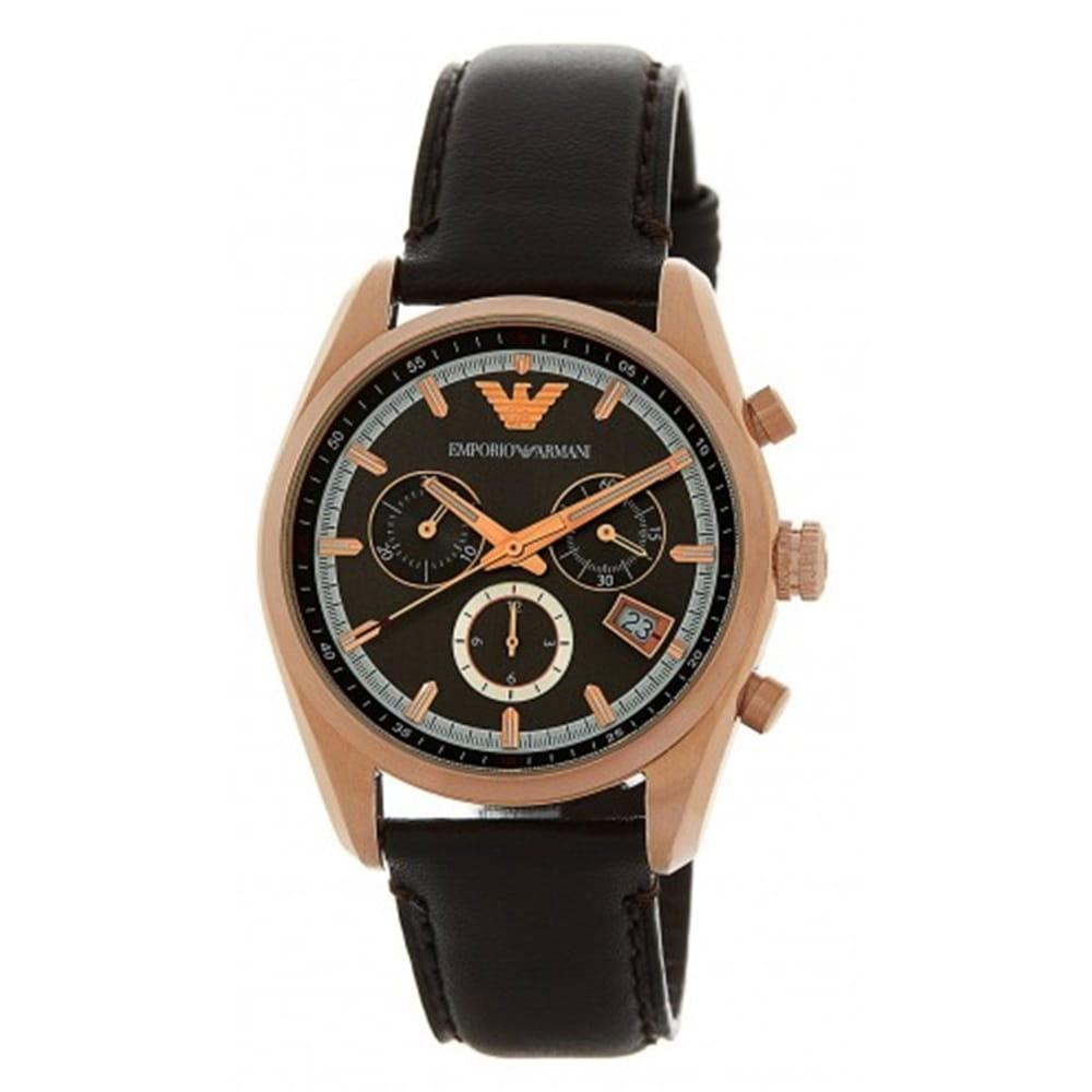 Emporio Armani AR6043 watch angled view showing black dial variant with chronograph subdials