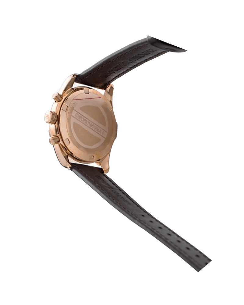 Emporio Armani AR6043 caseback showing rose gold case with chronograph mechanism visible