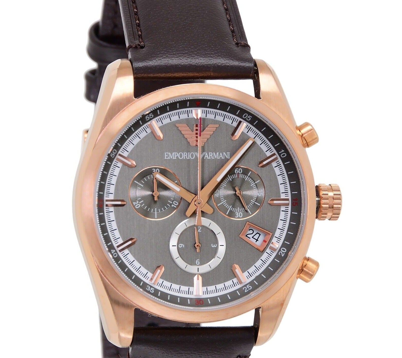 Emporio Armani Chronograph Gray Dial Brown Leather Strap Men Watch - AR6043