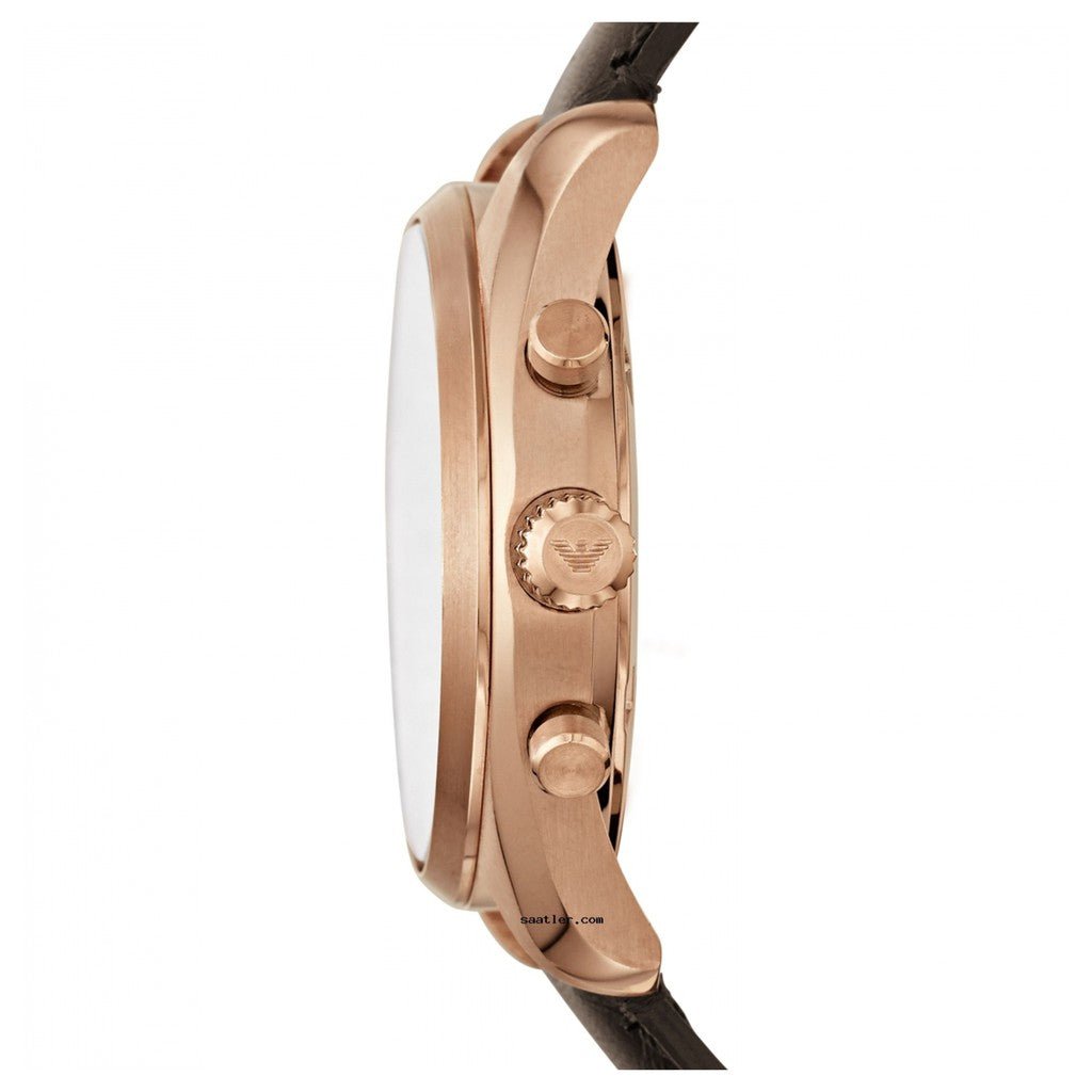 Emporio Armani AR6043 side profile showing rose gold case and chronograph pushers