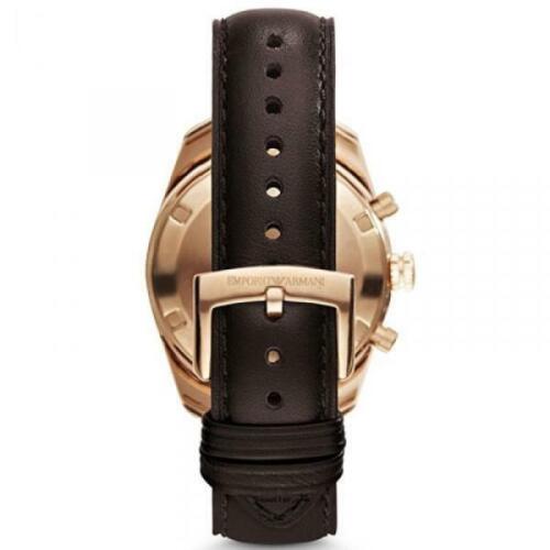 Emporio Armani AR6043 brown leather strap with rose gold buckle and stitching detail