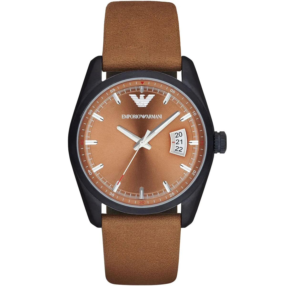 Emporio Armani AR6080 black case watch with copper dial and brown leather strap