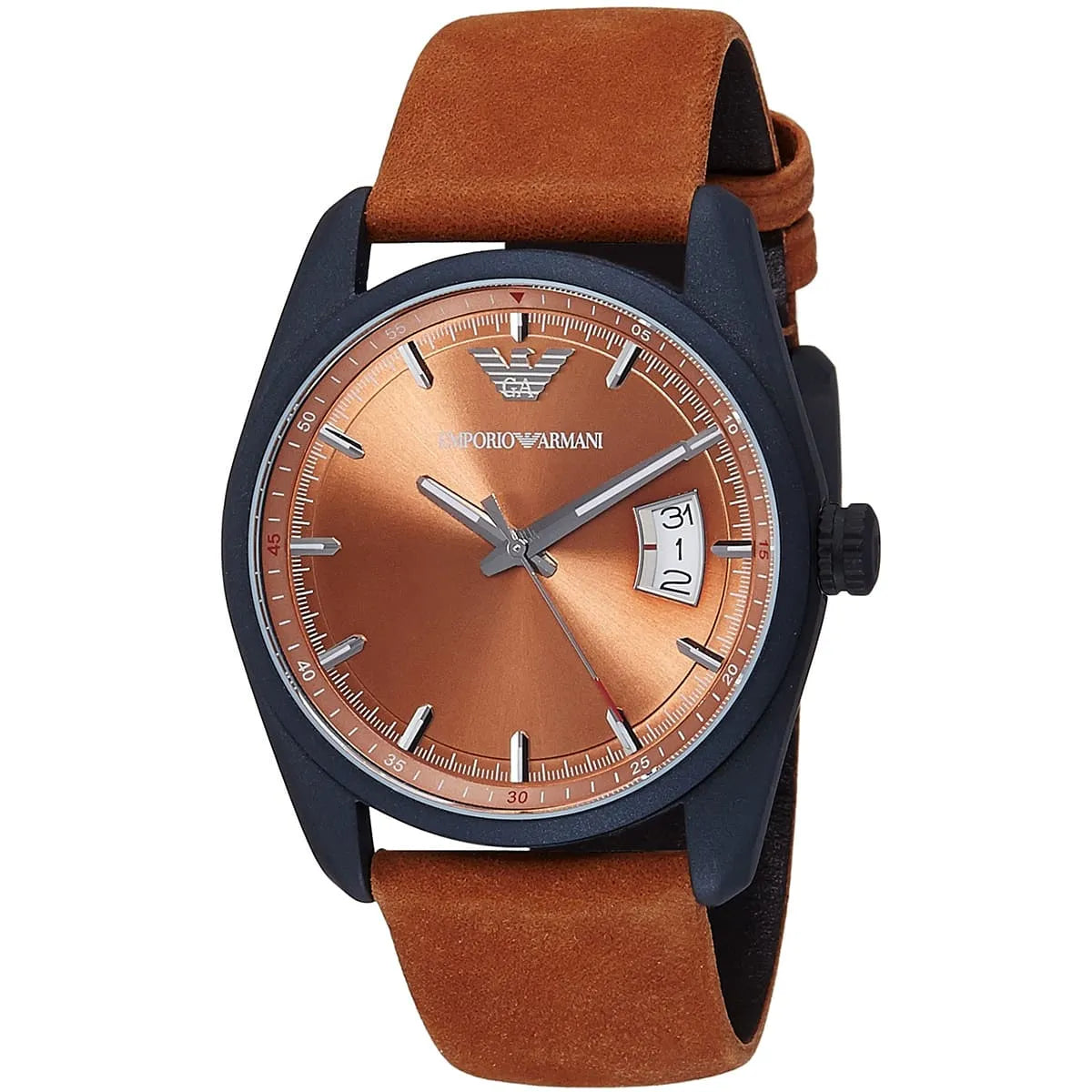 AR6080 watch angled view showing black case, copper dial, date window, and brown strap
