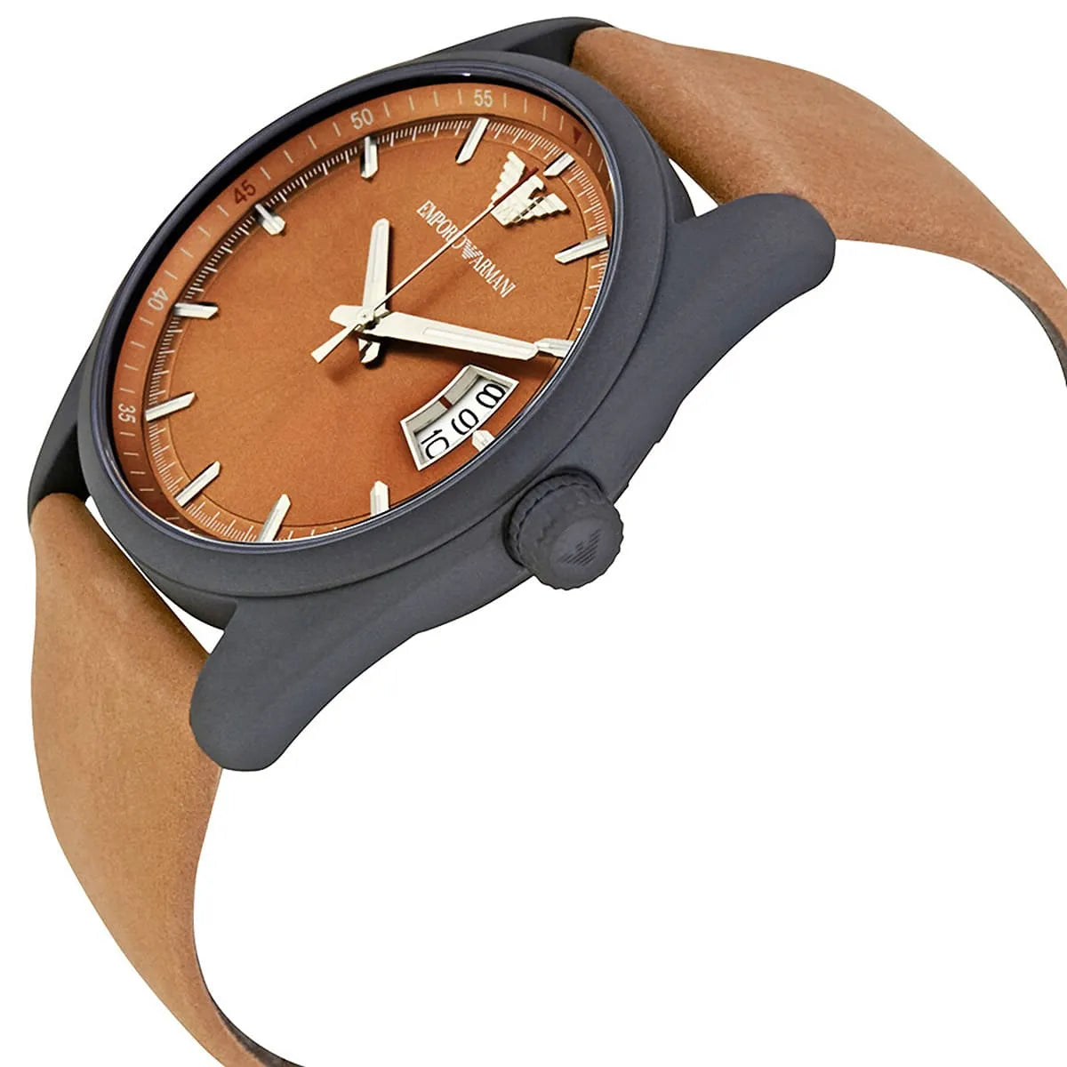 AR6080 watch worn on wrist showing copper dial with white hands and date window