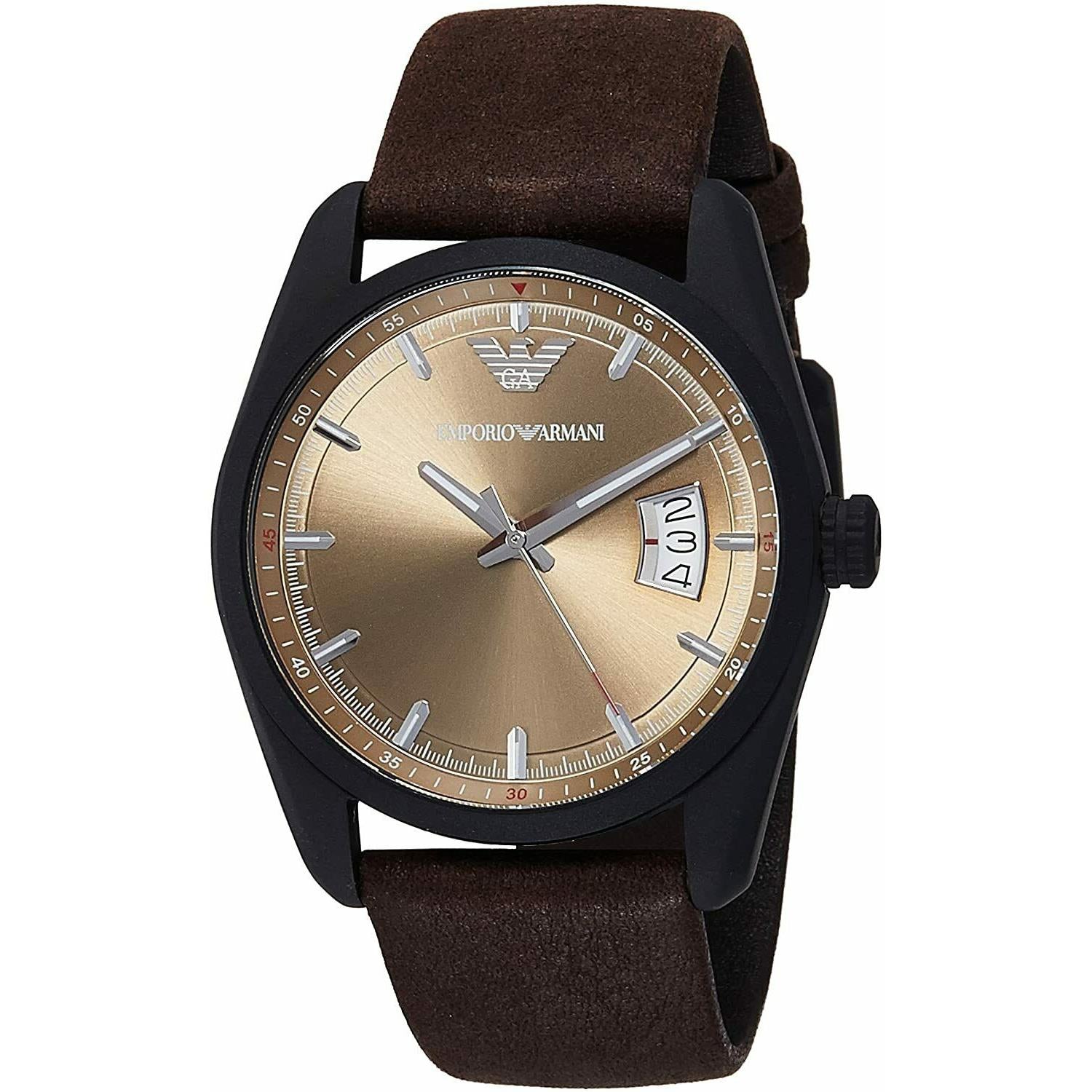 Emporio Armani AR6081 men's watch with beige dial, black case, and brown leather strap