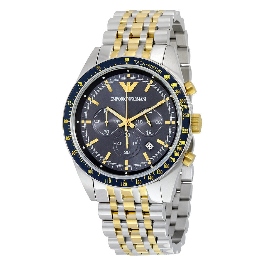 Emporio Armani AR6088 navy chronograph blue dial watch with two-tone stainless steel bracelet