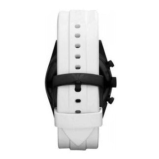 Emporio Armani AR6112 caseback view showing white rubber strap and black case lugs