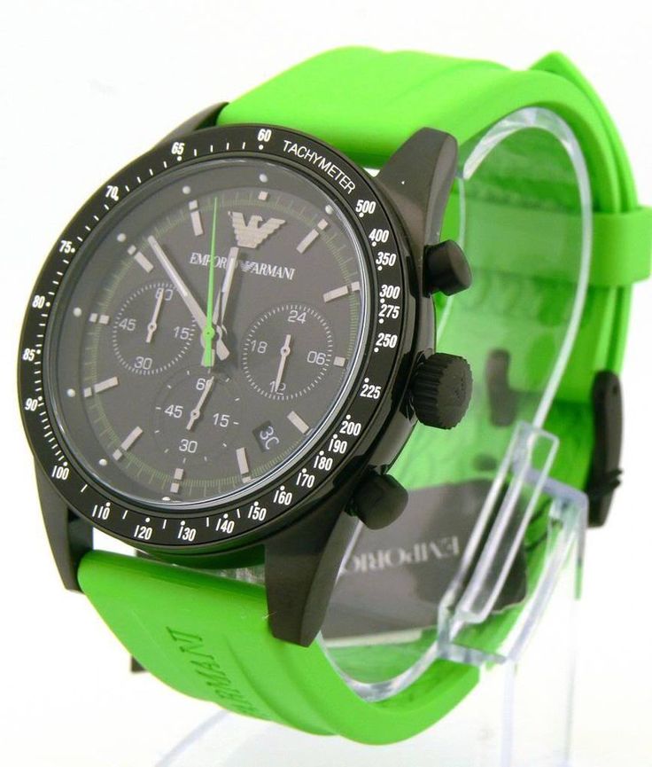 Emporio Armani AR6115 watch at angle showing black case, chronograph subdials, and green rubber strap