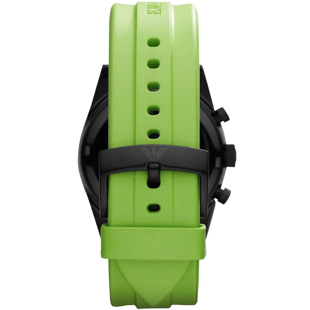 Emporio Armani AR6115 caseback and strap showing green rubber band with adjustment holes and black case hardware
