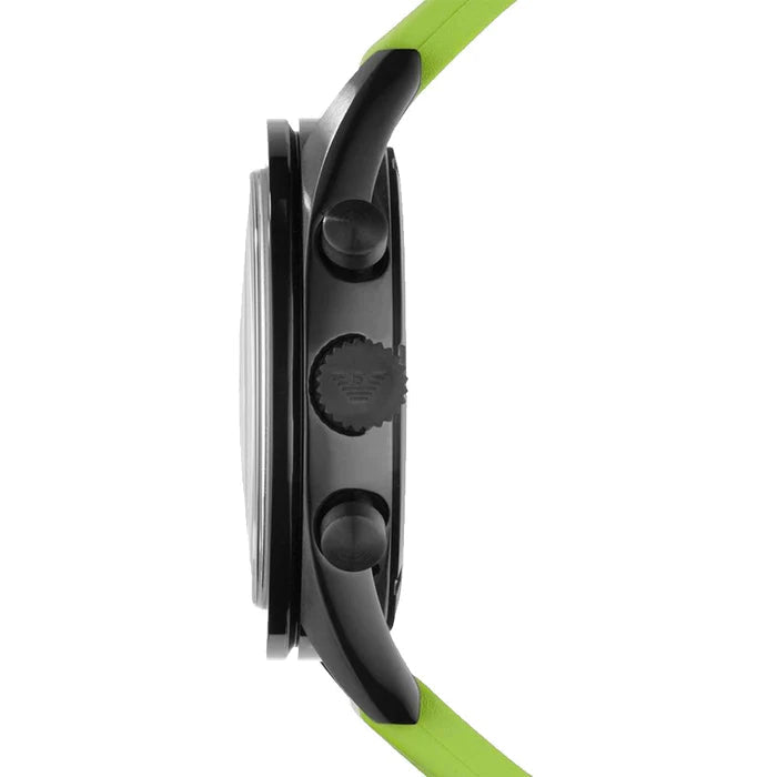 Side view of Emporio Armani AR6115 showing black case profile, chronograph pushers, and green strap