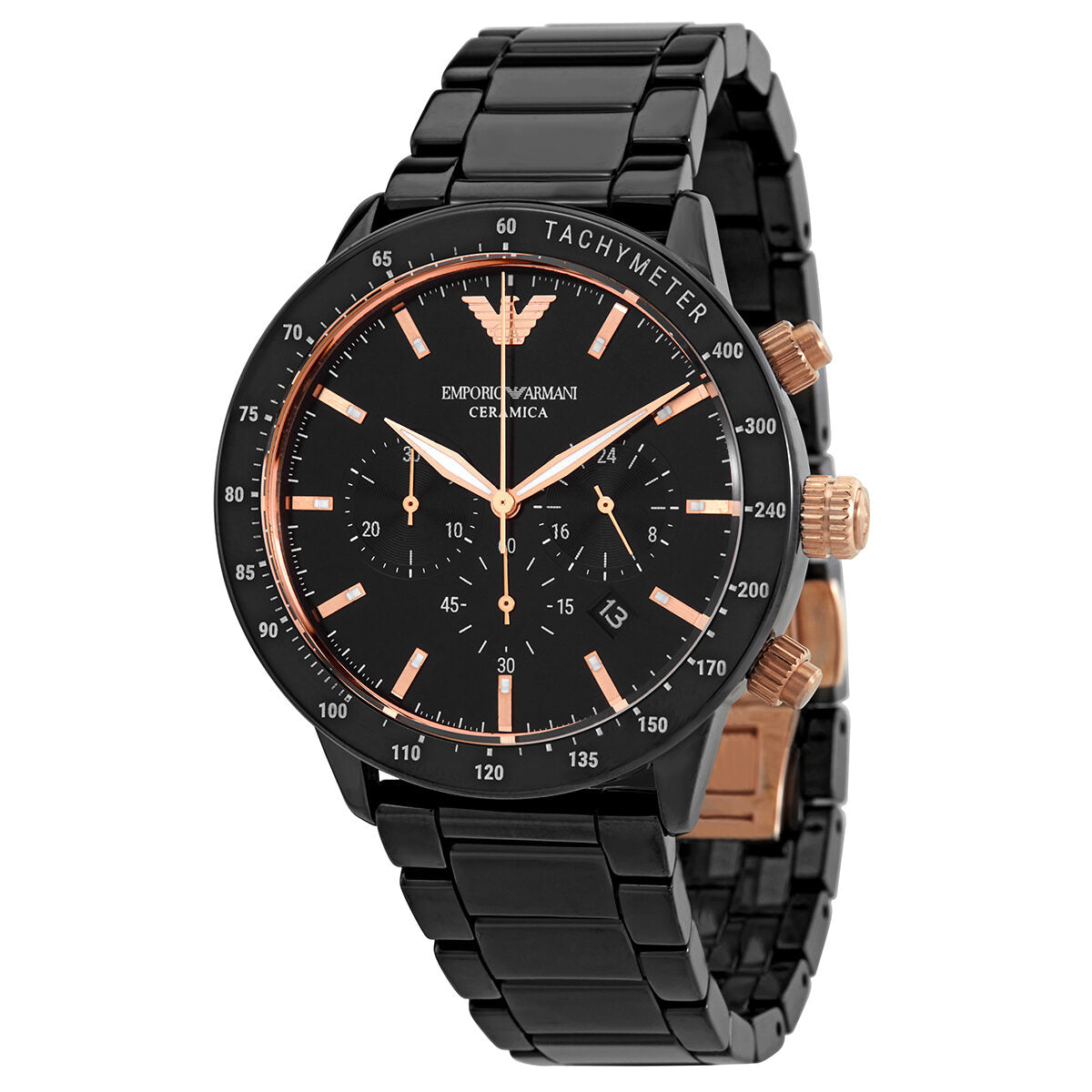 Emporio Armani AR70002 chronograph watch with black dial, rose gold hands and indices, tachymeter bezel, black stainless steel bracelet