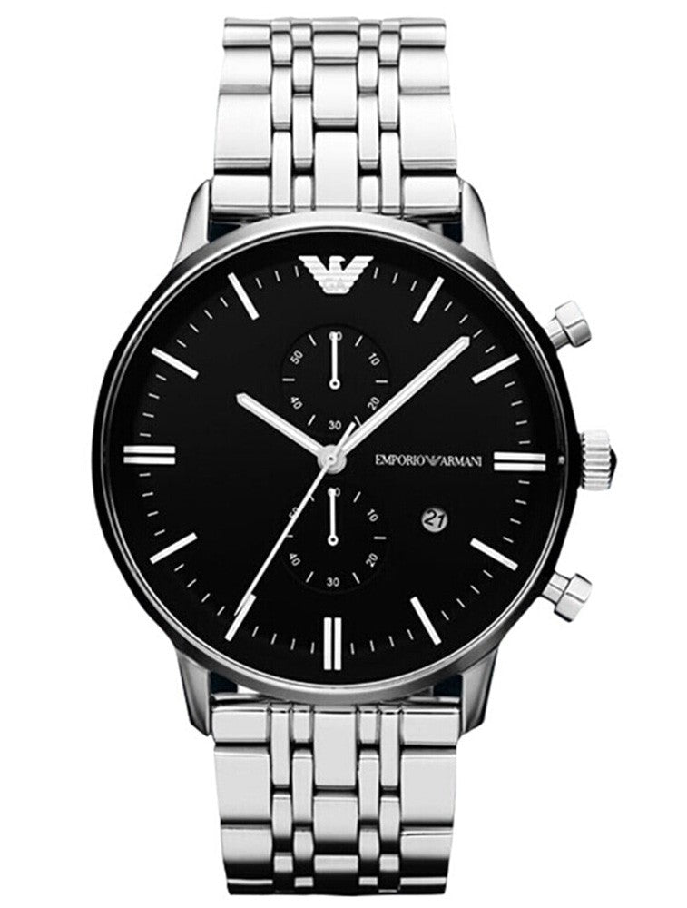 Emporio Armani AR80009 chronograph watch with black dial and stainless steel bracelet