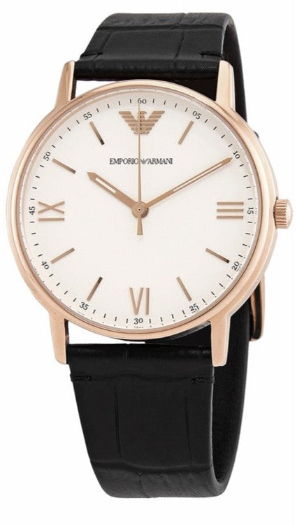 Emporio Armani AR80015 three-quarter view showing rose gold case and silver dial with Roman numerals