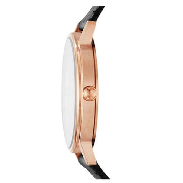 Emporio Armani AR80015 side profile with rose gold case and black leather strap