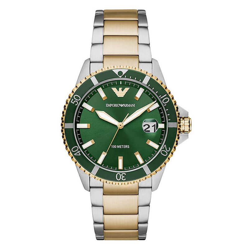 Emporio Armani Diver Chronograph Green Dial Two-Tone Men's Watch AR80063